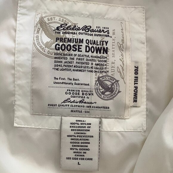Eddie Bauer women's goose down puffer jacket white large EB700 quilted *flaw* - Picture 11 of 13